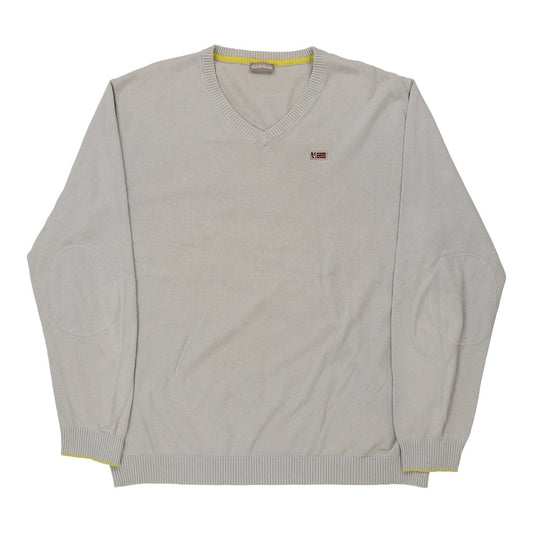 Vintage Napapijri V-neck Jumper - XL Grey Cotton