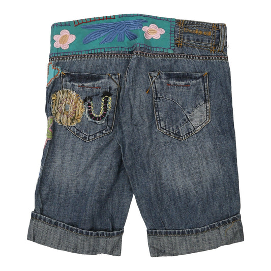 Vintage Desigual Embroidered Denim Shorts - 32W UK 10 Blue Cotton