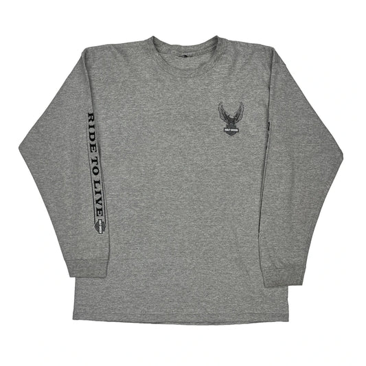 Ride To Live Harley Davidson Graphic Long Sleeve T-Shirt - Large Grey Cotton