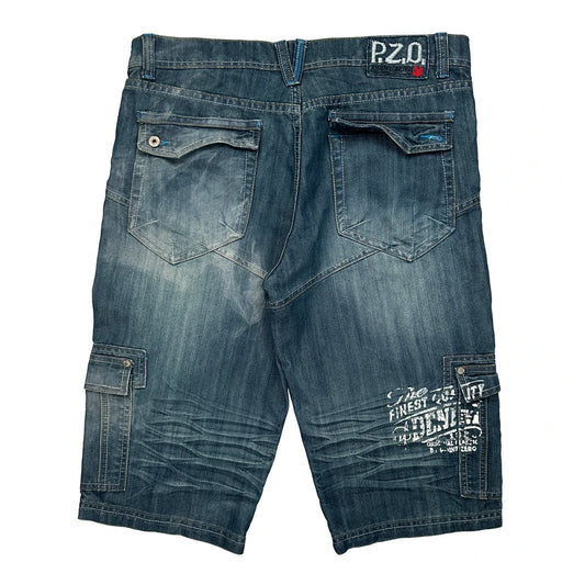 Point Zero Cargo Denim Shorts - 34W 16L Blue Cotton Blend