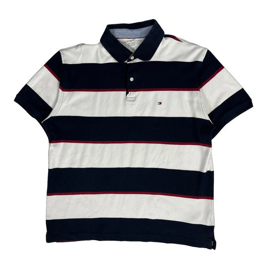 Vintage Tommy Hilfiger Striped Polo Shirt - XL Navy Cotton