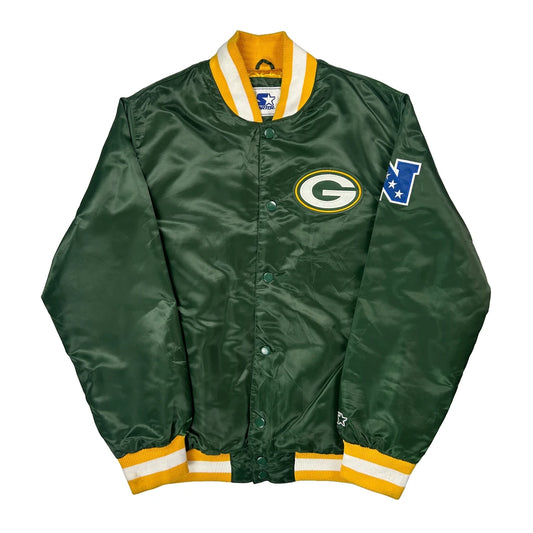 Satin Packers Starter Varsity Jacket - Large Green Polyester