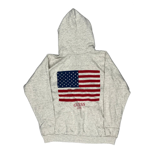 Vintage 90S American Flag Guess Graphic Raglan Hoodie - XL Grey Cotton