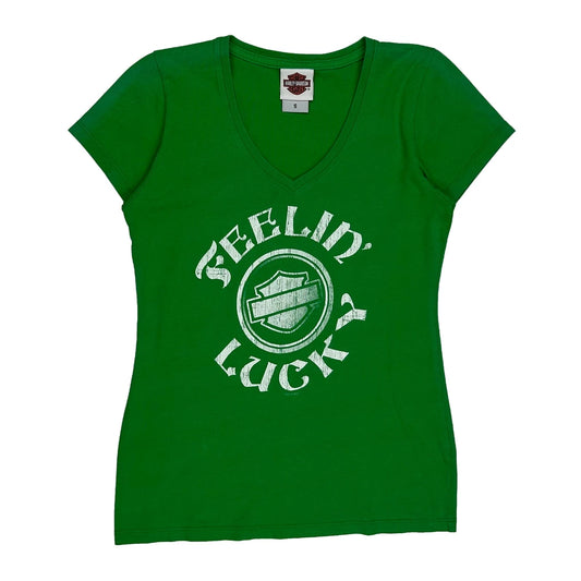 Vintage Feeling Lucky Harley Davidson Graphic T-Shirt - Small Green Cotton