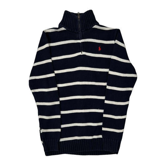 Vintage Age 10-12 Polo By Ralph Lauren Striped 1/4 Zip - Large Navy Cotton