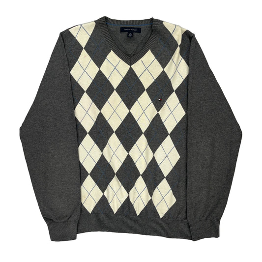 Tommy Hilfiger Argyle Jumper - XL Grey Cotton