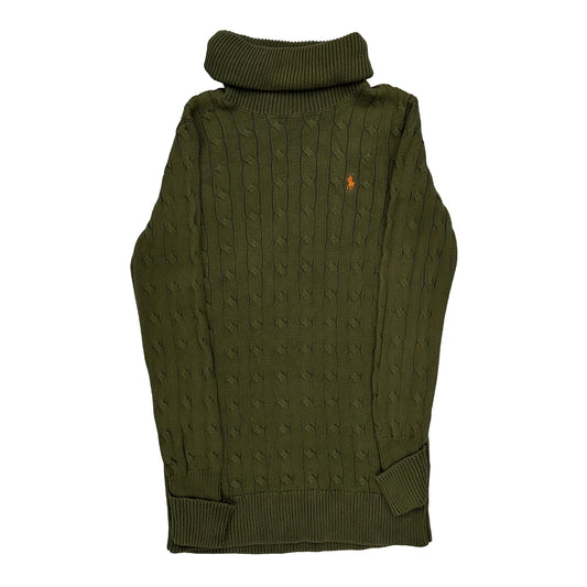 Vintage Cable Knit Ralph Lauren Sport Roll Neck Dress Jumper - Small Green Cotton