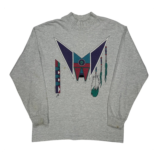Feather Shield Signal Sports Graphic Aztec Long Sleeve T-Shirt - Large Grey Cotton
