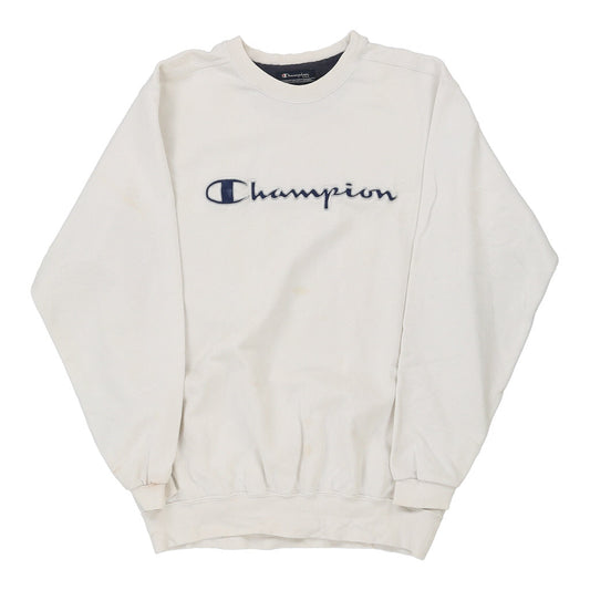Vintage Champion Spellout Sweatshirt - Medium White Cotton Blend