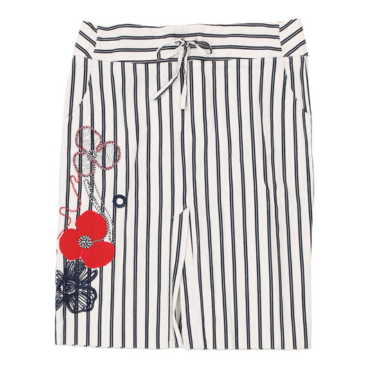 Vintage Embroidered Les Copains Striped Midi Skirt - 32W UK 12 White Cotton Blend
